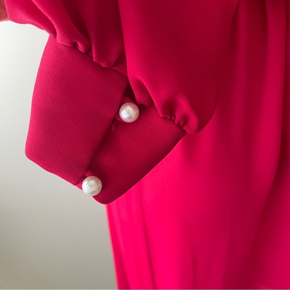 Vintage Joyce Palmer Fuchsia Pink Chiffon Midi Dress Long Sleeve Medium 80s 90s - Picture 2 of 12